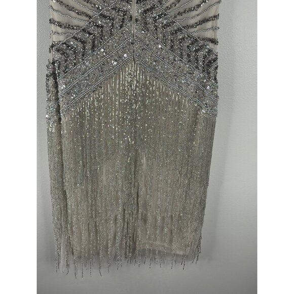 NWT Lara Silver Fringe Beaded Mini Cocktail Dress Short Sleeve V-Neck Size 2 - Picture 11 of 11